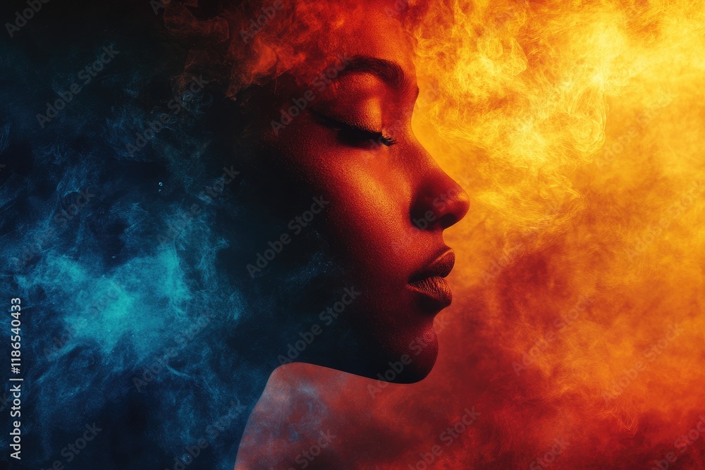 Woman relaxing with closed eyes and colorful smoke around her face Woman relaxing with closed eyes and colorful smoke around her face