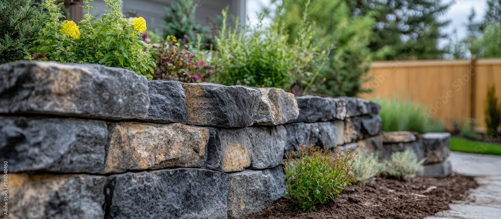 Stone wall with varied rock sizes highlighting natural textures and beauty complemented by lush greenery and vibrant flowers. Stone wall with varied rock sizes highlighting natural textures and beauty complemented by lush greenery and vibrant flowers.