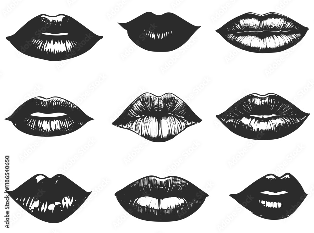 Hand drawn woman lips in different variations. Black and white vector illustration. Hand drawn woman lips in different variations. Black and white vector illustration.