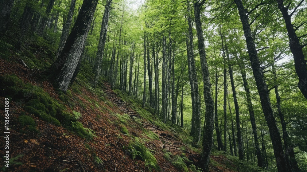 Fototapeta premium Lush green forest on a steep slope with tall trees and dense undergrowth in a tranquil natural setting
