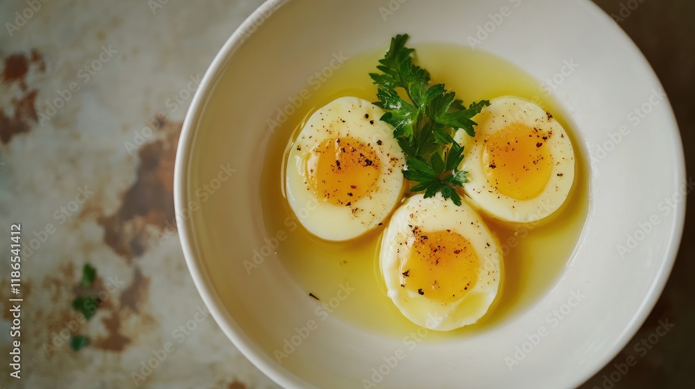 Steamed egg halves garnished with herbs in a white bowl showcasing a simple gourmet dish ideal for food photography Steamed egg halves garnished with herbs in a white bowl showcasing a simple gourmet dish ideal for food photography