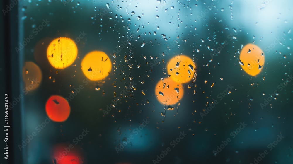 Bokeh Effect of Raindrops on Office Window Creating a Tranquil and Modern Ambiance with Soft Colorful Lights in Background Bokeh Effect of Raindrops on Office Window Creating a Tranquil and Modern Ambiance with Soft Colorful Lights in Background