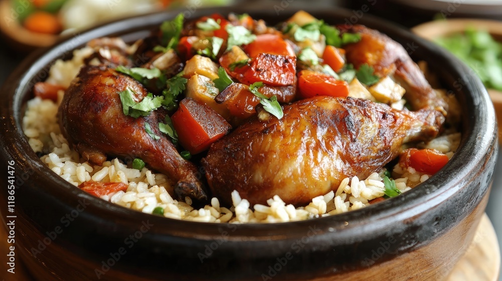 Deliciously tender steamed capon served on a bed of flavorful seasoned rice garnished with fresh vegetables and herbs