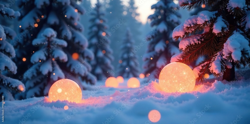 Glowing spheres nestled among snow-covered pine trees, nature, soothing Glowing spheres nestled among snow-covered pine trees, nature, soothing