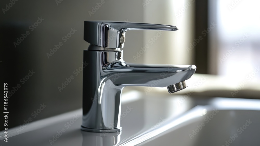 Modern chrome water tap symbolizing water conservation and sustainable living in contemporary interior design. Modern chrome water tap symbolizing water conservation and sustainable living in contemporary interior design.
