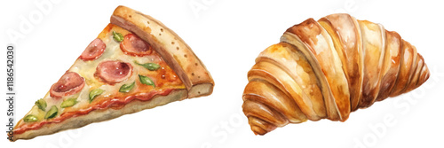 Watercolor food illustration, pizza slice, buttery croissant, delicious pastries, culinary art, vibrant colors, appetizing design.