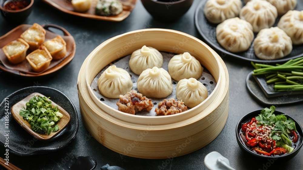 Steamed pork buns served in a bamboo steamer with various dipping sauces and side dishes on a dark background Steamed pork buns served in a bamboo steamer with various dipping sauces and side dishes on a dark background