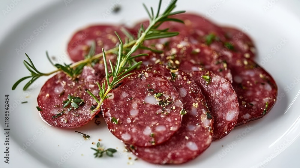 Spicy Salami Slices Garnished with Rosemary on White Plate. Spicy Salami Slices Garnished with Rosemary on White Plate.