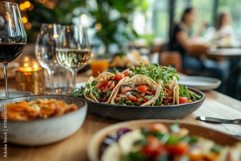 Fototapeta premium Close up of friends having tacos while gathering for lunch in restaurant. Generative AI