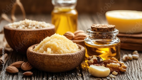 Natural ingredients for skincare featuring stearic acid, oils, and exfoliating scrubs in rustic wooden bowls on a wooden table. photo