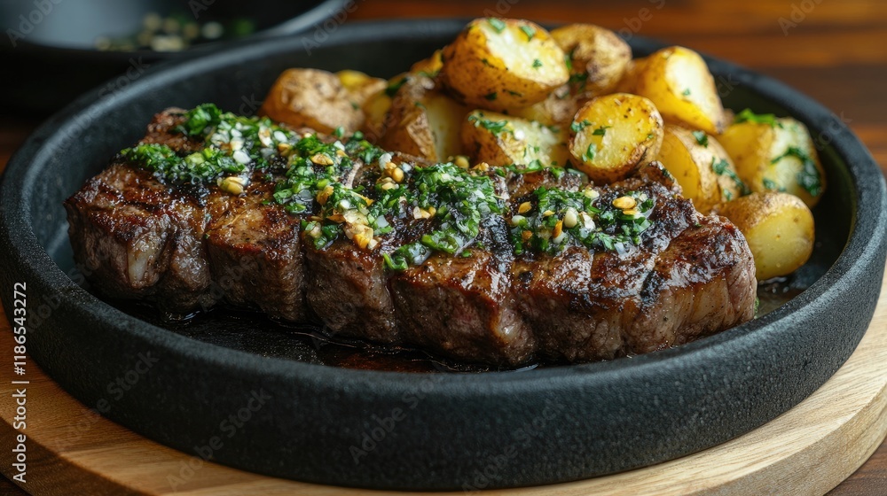 Grilled steak served with roasted potatoes and herb sauce on a sizzling stone plate Grilled steak served with roasted potatoes and herb sauce on a sizzling stone plate