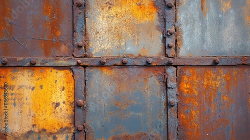 Rusty steel plate with weathered textures showcasing vibrant hues of orange and blue creating a vintage industrial aesthetic.