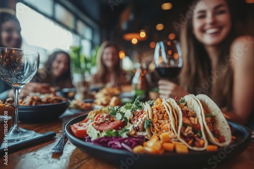 Close up of friends having tacos while gathering for lunch in restaurant. Generative AI