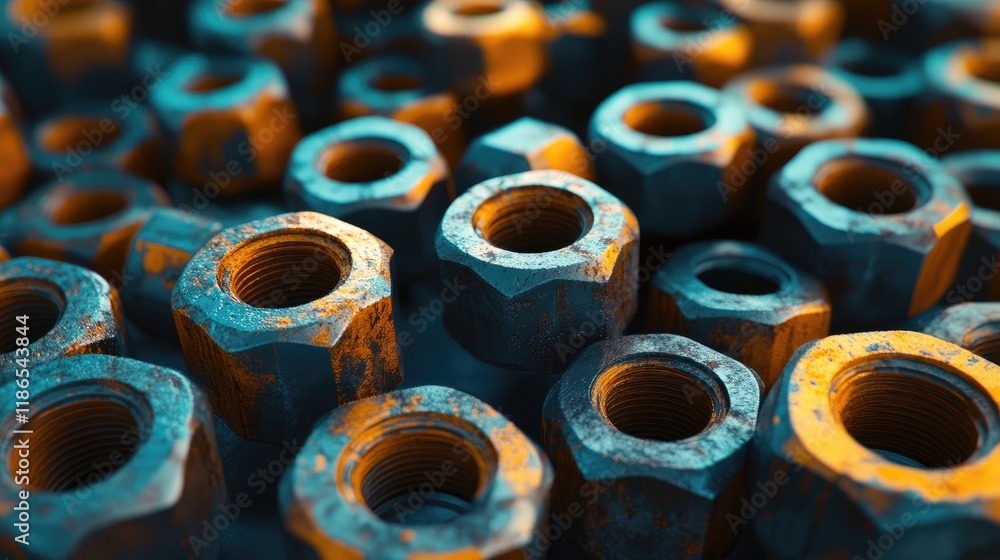 Close-up view of rusty steel nuts in an industrial setting showcasing intricate details and textures of metal surfaces Close-up view of rusty steel nuts in an industrial setting showcasing intricate details and textures of metal surfaces