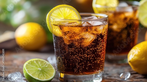 Refreshing cola and lemon lime soda served with fresh citrus slices in plastic glasses at a vibrant summer party setting photo