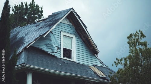 Storm Damage to Family Home Roof from Severe Weather Conditions with Wind and Rain Impacting Structure photo