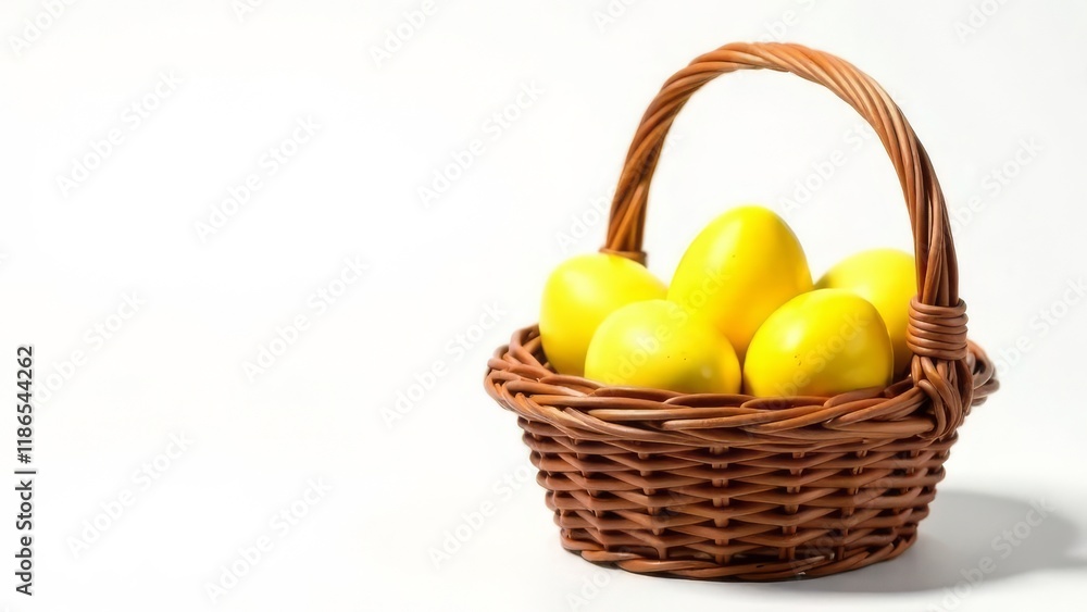 Yellow eggs lie in a wicker basket on a white background Yellow eggs lie in a wicker basket on a white background