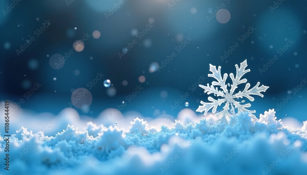 A delicate snowflake falls onto a cold and frosty blue ground, snowflake, frozen world, cold weather A delicate snowflake falls onto a cold and frosty blue ground, snowflake, frozen world, cold weather