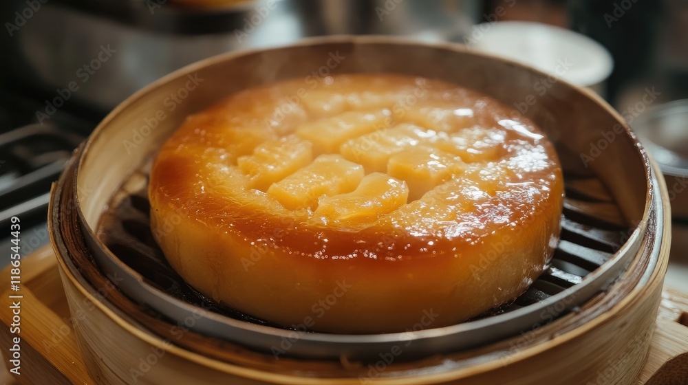 Steamed caramelized dessert cake with a glossy finish served in a bamboo steamer on a wooden kitchen surface Steamed caramelized dessert cake with a glossy finish served in a bamboo steamer on a wooden kitchen surface