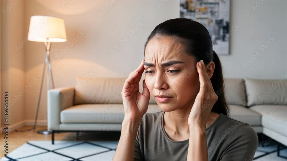 portrait of young woman holding her head with her hands, migraine

