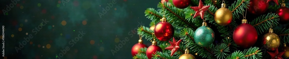 Fototapeta premium Christmas tree adorned with colorful glass ornaments, festive flowers, holiday garlands