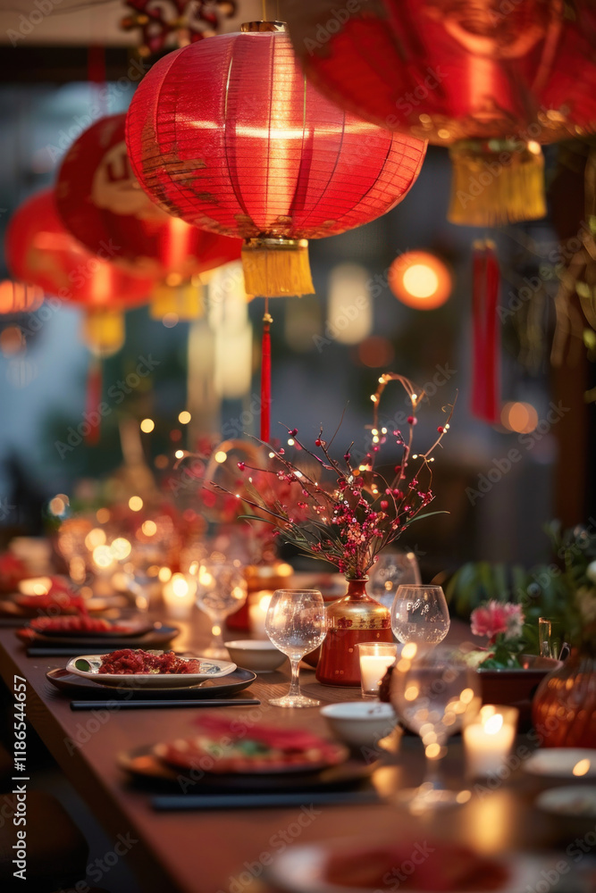 Chinese New Year snake lanterns, serene family dinner setting, traditional dishes on the table, warm lighting, harmonious atmosphere Chinese New Year snake lanterns, serene family dinner setting, traditional dishes on the table, warm lighting, harmonious atmosphere