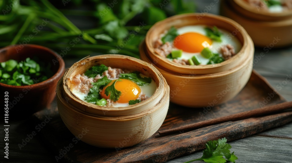 Steamed eggs with minced pork and herbs in bamboo cups Healthy high-protein dish perfect for nutritious diets and home cooking Steamed eggs with minced pork and herbs in bamboo cups Healthy high-protein dish perfect for nutritious diets and home cooking