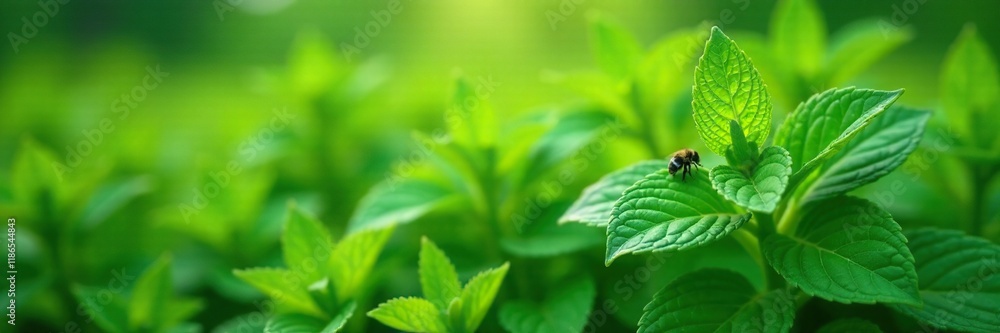 lush green mint leaves forming a dense bed of flowers, bee, foliage lush green mint leaves forming a dense bed of flowers, bee, foliage