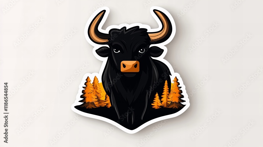 Naklejka premium Powerful black bull sticker design, set against a backdrop of autumnal trees. A striking image, perfect for nature and animal lovers.