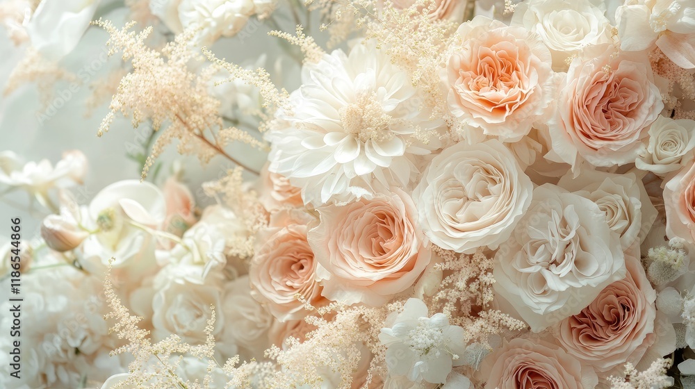 Elegant soft focus of romantic floral wedding arrangement featuring blush roses and delicate white blooms Elegant soft focus of romantic floral wedding arrangement featuring blush roses and delicate white blooms