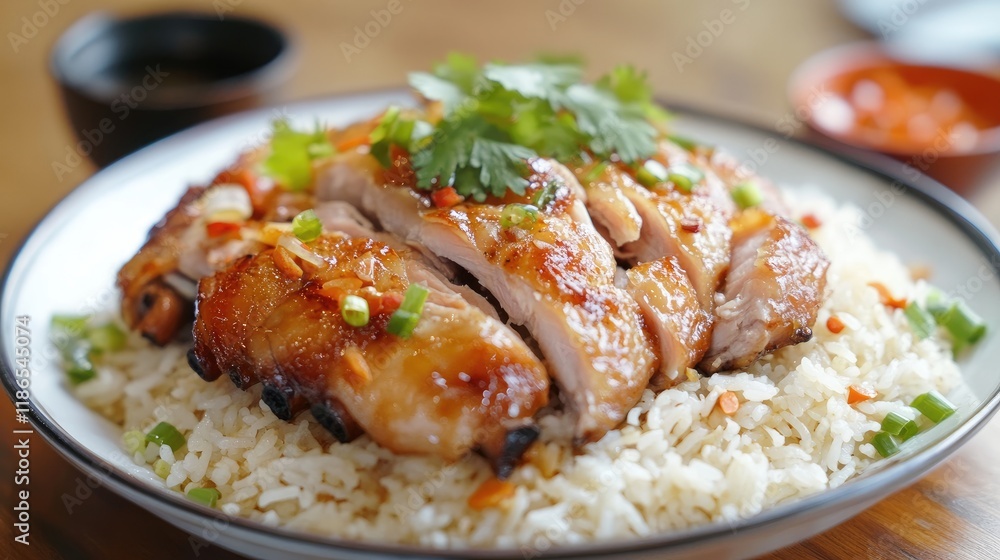 Savory steamed chicken and tender spare ribs served over fragrant rice garnished with herbs and chili for a delicious meal Savory steamed chicken and tender spare ribs served over fragrant rice garnished with herbs and chili for a delicious meal