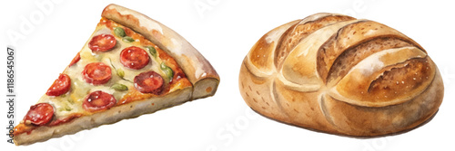 Watercolor pizza slice, fresh bread loaf, delicious food illustration, culinary art, vibrant colors, appetizing design.