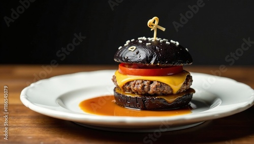 Single isolated mini black burger on white plate with sauce, burger, plate, sauce photo