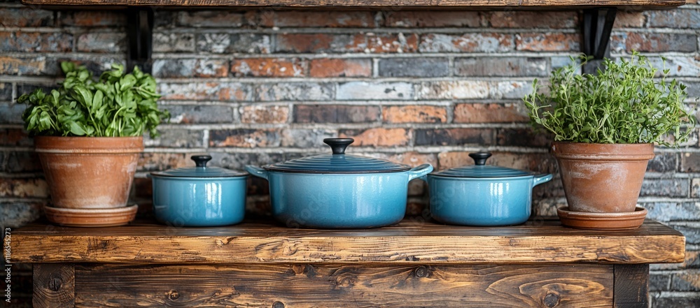 Three blue pots on rustic wooden shelf against exposed brick wall with potted herbs. Three blue pots on rustic wooden shelf against exposed brick wall with potted herbs.