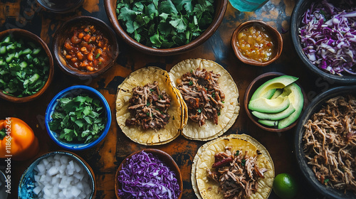 A visually appealing Mexican street taco arrangement, with tender pork carnitas, creamy avocado, vibrant red cabbage, and fresh cilantro and onion, creating a perfect combination of textures and flavo photo