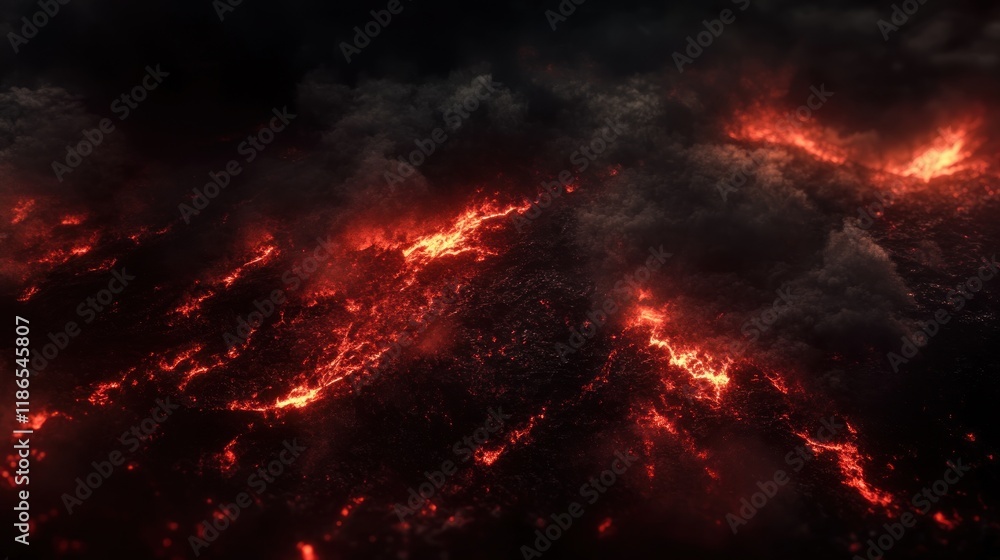 Aerial view of fiery volcanic landscape with dark smoke and glowing lava. Aerial view of fiery volcanic landscape with dark smoke and glowing lava.