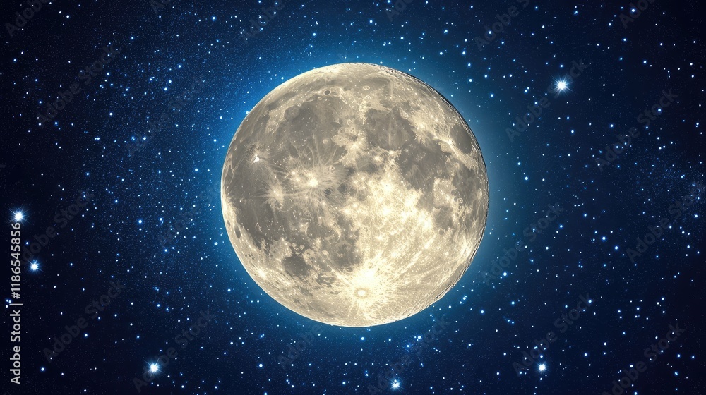 Fototapeta premium Illuminated Full Moon Surrounded by Twinkling Stars Against a Deep Blue Sky Background
