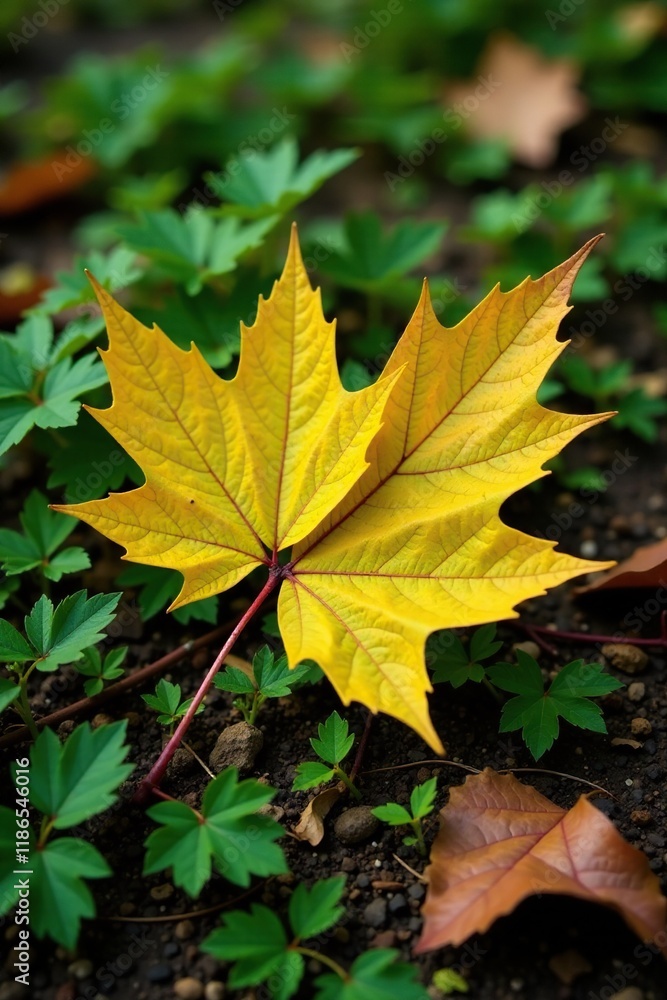 Yellowing maple leaves entwined with dark green nettles on woodland ground, earthy, leaf Yellowing maple leaves entwined with dark green nettles on woodland ground, earthy, leaf