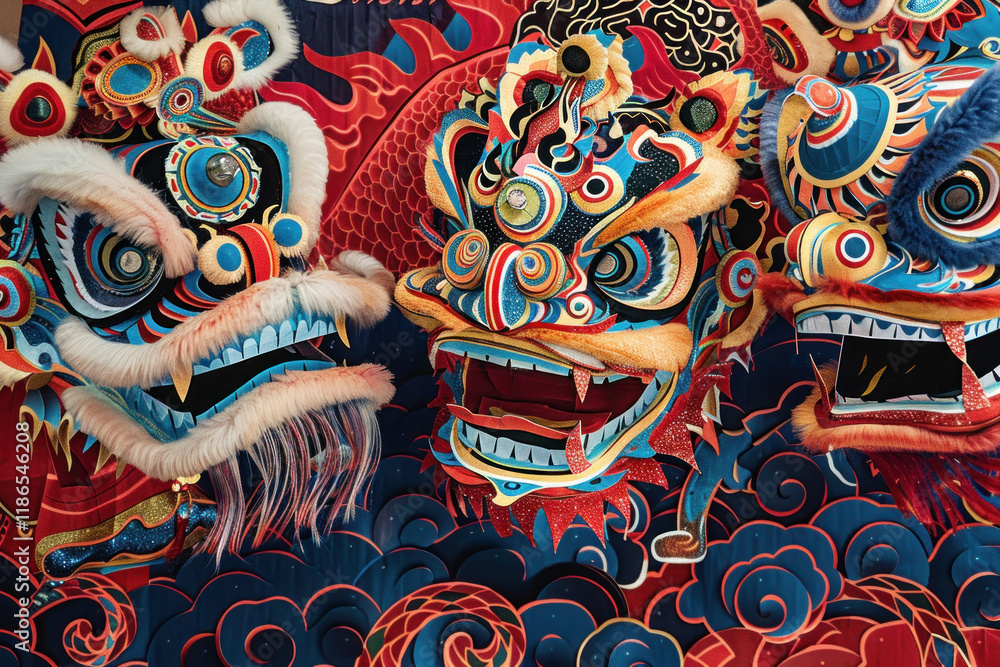 Fototapeta premium Chinese New Year snake paper cuttings, dynamic parade scene, lion and dragon dancers, vivid details, cheering crowd, cultural richness