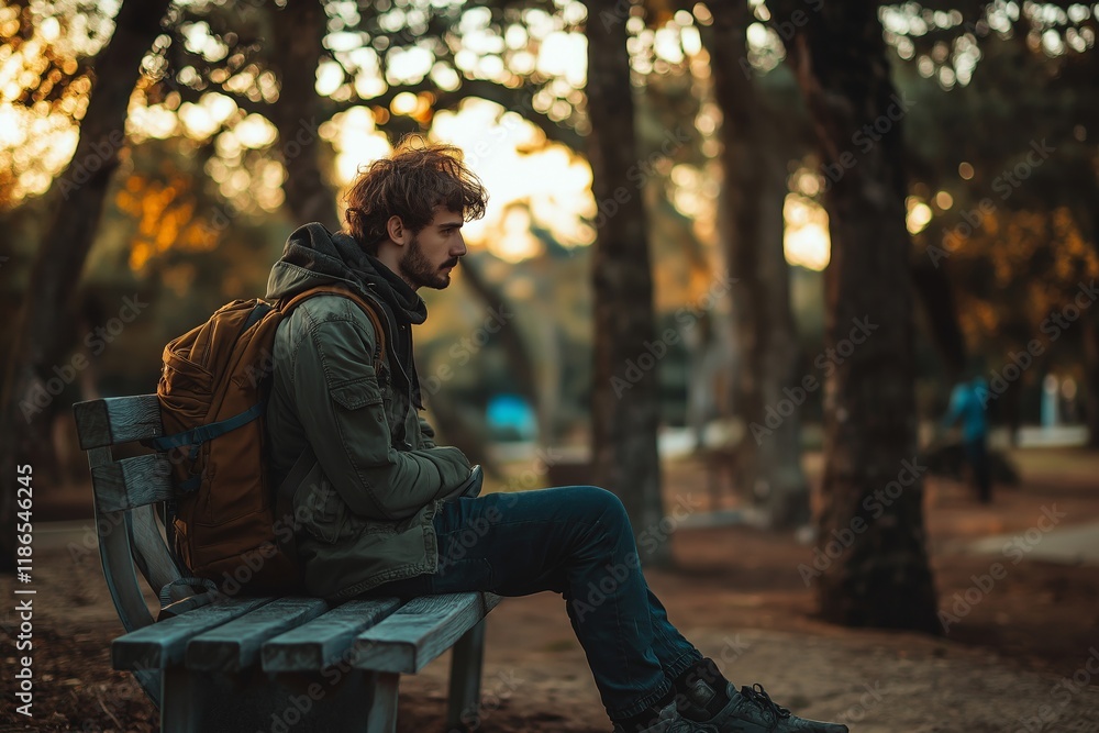 Fototapeta premium A man sits quietly on a bench, immersed in thought amidst a beautiful park setting.