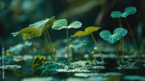 Macro view of Caladium plants with raindrops on their leaves showcasing lush foliage in a serene natural environment