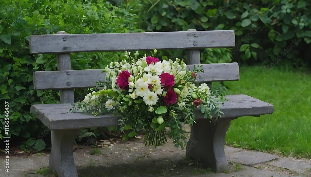 bouquet of flowers resting on a bench in the middle of the greenery bouquet of flowers resting on a bench in the middle of the greenery