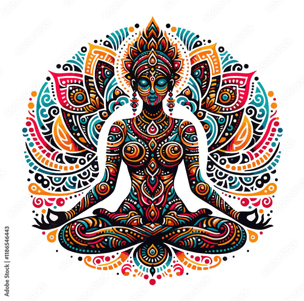 Fototapeta premium illustrazione tribale di donna in meditazione in posizione di loto. Generative AI