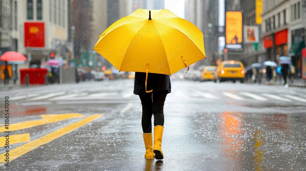 Fototapeta premium Woman Walking in Rain with Yellow Umbrella and Boots in Busy City Street During a Rainy Day