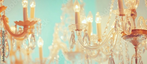 Vintage chandeliers illuminated in macro view showcasing elegance against a soft pastel backdrop perfect for interior design concepts photo