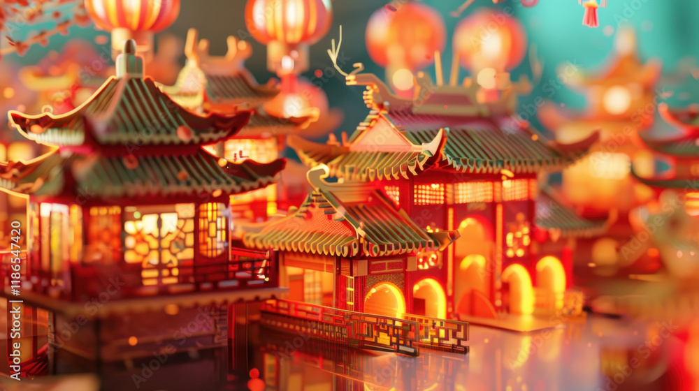 Fototapeta premium Chinese New Year snake paper cuttings, vibrant festival with red and gold lanterns, traditional Chinese architecture, celebratory atmosphere, detailed design elements