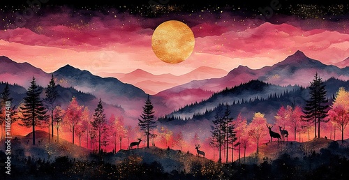Majestic Mountain Sunset with Deer and Golden Moon