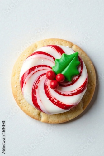 Decorated cookie with peppermint holly on white background, peppermint, winter wonderland, Christmas