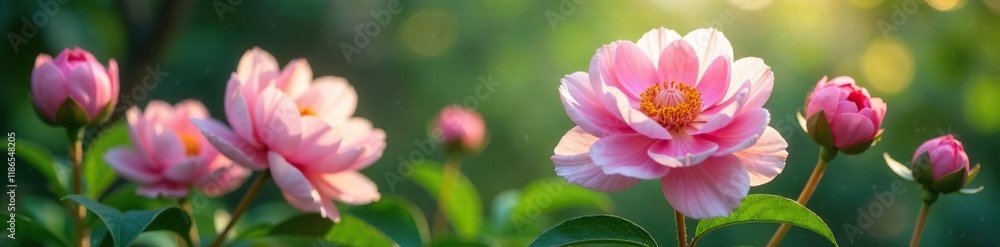 Peony blooms in pastel hues amidst lush greenery, delicate, colors Peony blooms in pastel hues amidst lush greenery, delicate, colors
