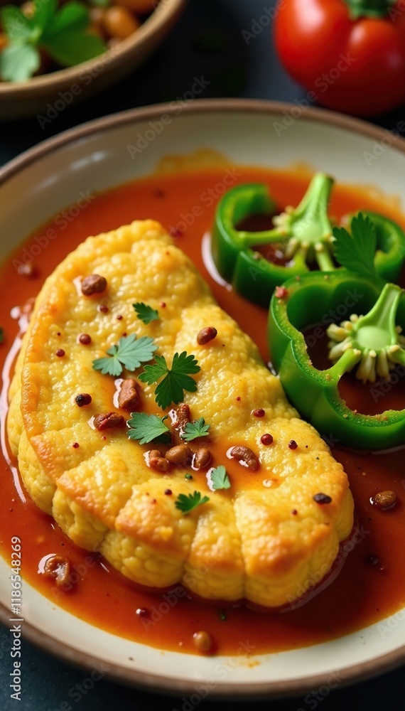 Pan-fried malai paneer with a side of saut?ed green capsicum in a red gravy, aromatic spices, creamy sauce Pan-fried malai paneer with a side of saut?ed green capsicum in a red gravy, aromatic spices, creamy sauce